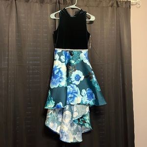 Green and blue long kids floral dress.